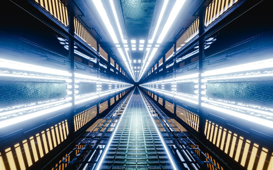 Illuminated futuristic corridor. Futuristic corridor in space station.