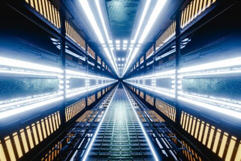 Illuminated futuristic corridor. Futuristic corridor in space station.